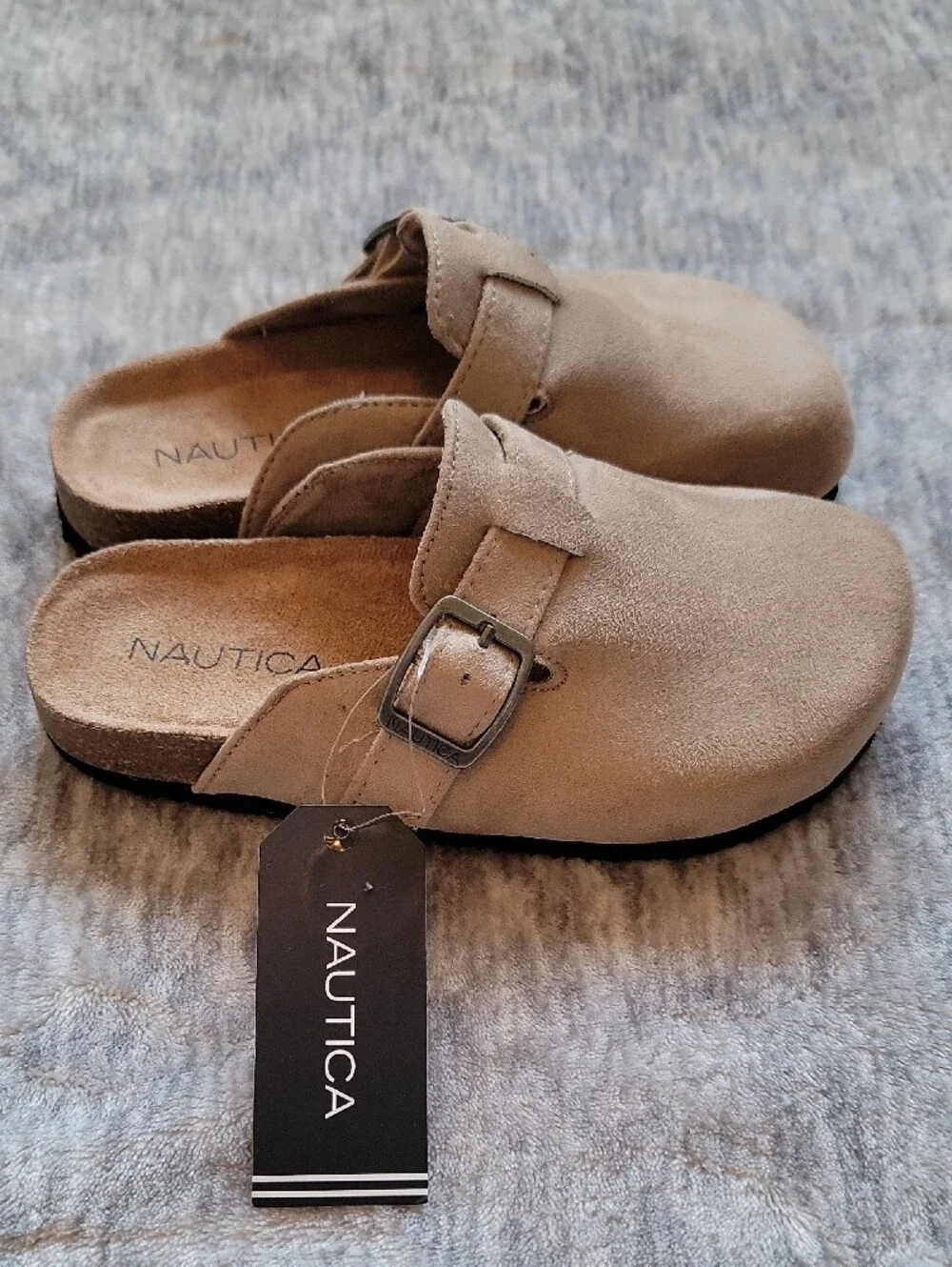 Nautica Kids Tan Suede Slip-On Clogs with Buckle Accent Size 13